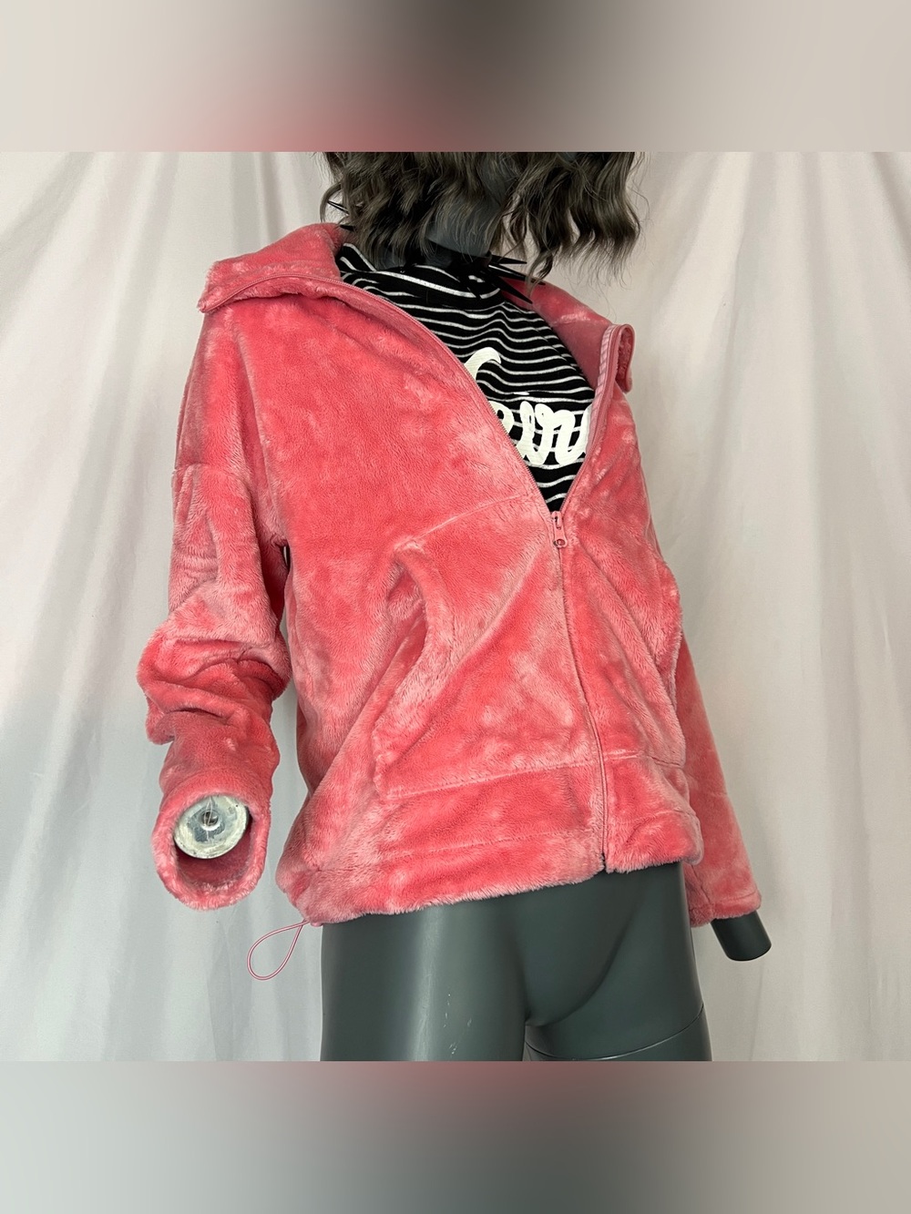 Bright Coral Pink Plush Fleece Faux Fur Zip Up Jacket